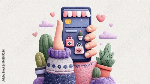 3D Knitted Style Mobile Payment Illustration, E-commerce Love Concept