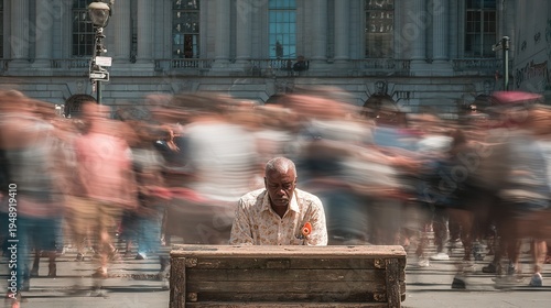 Black Man Sitting on Bench in Crowded City, Solitude Concept