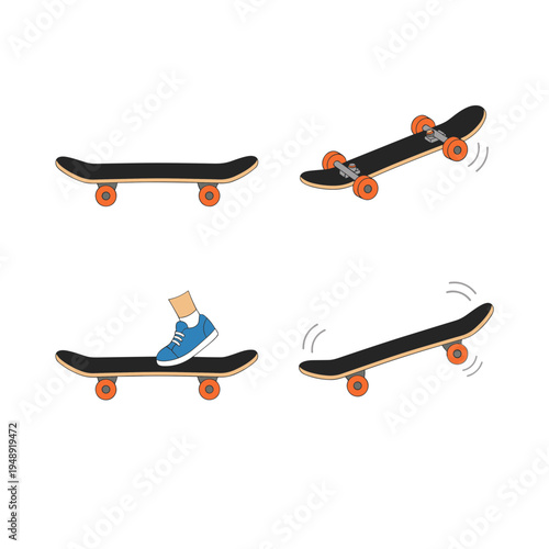 Skateboard motion and tricks sequence showing deck movement and foot position in flat vector illustration for extreme sports and outdoor activities