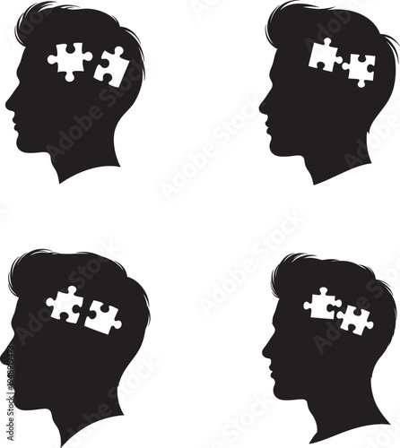 Four human head silhouettes with puzzle pieces in their minds