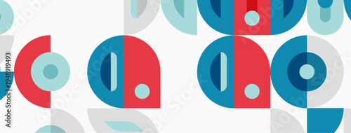 Abstract geometric pattern. Circles, semicircles overlap creating modern design. Red, blue, light blue hues dominate composition.