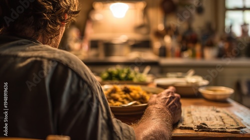 Man at Kitchen Table with Meal, Solitary Dinner Concept