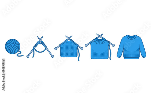 Knitting process sequence from a ball of yarn to needles with stitches and the final blue sweater garment illustration for handicraft and hobby themes