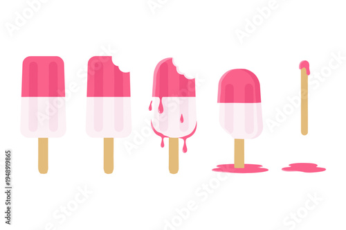 Melting pink and white popsicle sequence on white background, set of fruit ice cream lollies in different stages of eating and melting for summer cooling concept.