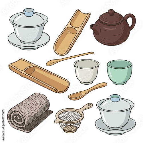 Traditional Chinese tea ceremony set on white background, vector illustration of tea tools including gaiwan, teapot, tea cups, bamboo scoop and accessories.