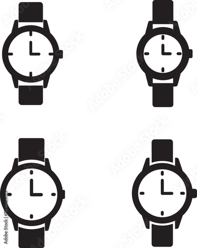 Four solid black illustrations of wristwatches with white faces