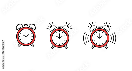 Red classic twin bell alarm clock ringing animation sequence icon representing morning wake up call time management and urgency concept