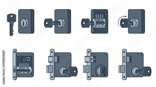 Infographic diagram showing how a door lock and key mechanism works with cross section views of pins gears and tumbler system operation