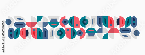 Abstract geometric shapes, circles, rectangles, lines. Minimalist design, muted colors, modern aesthetic. Pattern repeats horizontally.