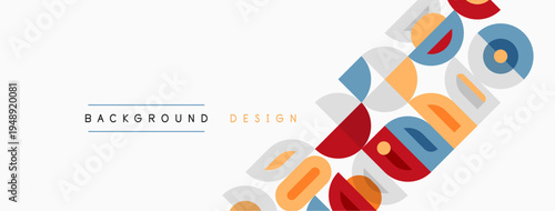 Abstract geometric shapes overlap, creating colorful background. Minimalist design features curved lines, circles, rectangles. Simple text labels top portion.