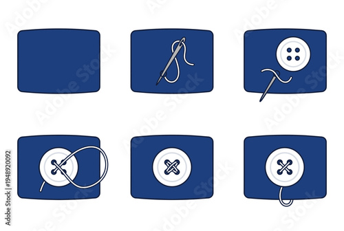 Step by step instruction for sewing a white button on blue fabric with needle and thread showing the process of handicraft and garment repair
