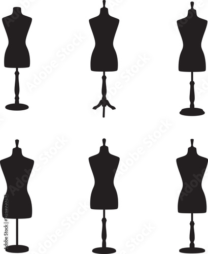 Collection of female dressmaker mannequins in various orientations and styles