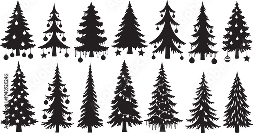 Christmas Trees Silhouettes with Decorations and Ornaments Set