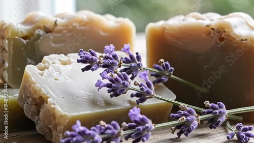 Natural handmade soap bars with fresh lavender sprigs. Artisanal skincare product for wellness and aromatherapy. Organic body care concept