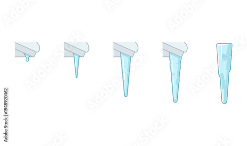 Process of Icicle Formation Isolated on White Background Vector Illustration Set of Frozen Water Drops Hanging from Roof Gutter for Winter Design Projects