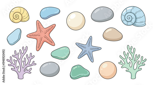 Sea Shells Starfish Coral and Smooth Stones Collection Isolated on White Background Marine Life Elements for Summer Beach Theme Design Vector Illustration