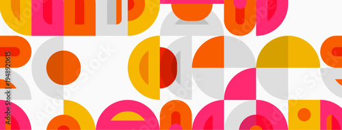 Retro pattern features overlapping circles, semicircles. Pink, orange, gray hues create playful, vintage aesthetic. Simple shapes repeat.