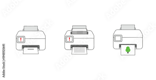 Home office printer status icons showing paper jam error and successful green tree print out isolated on white background for troubleshooting guide