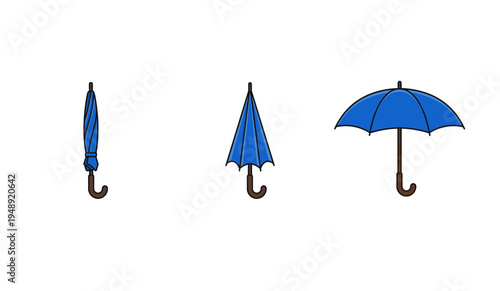 Blue umbrella opening sequence from closed and folded to half open and fully expanded isolated on white background for weather and protection concept