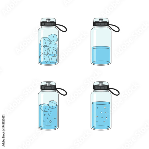 Reusable glass water bottle with ice cubes melting into liquid water isolated on white background for hydration and eco friendly lifestyle concept