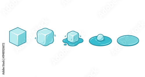 Five stages of ice cube melting into water puddle process sequence flat vector illustration isolated on white background for science education and physics