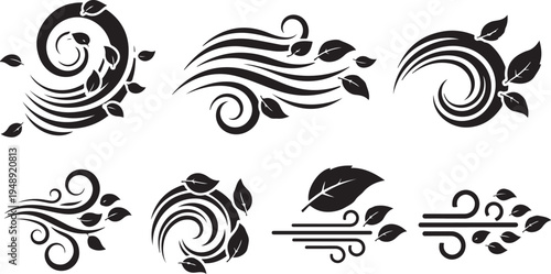 Wind and leaf icons in black and white design