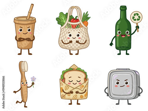 Set of cute eco friendly mascots featuring reusable shopping bag bamboo cup glass bottle and beeswax wrap for sustainable lifestyle and green earth