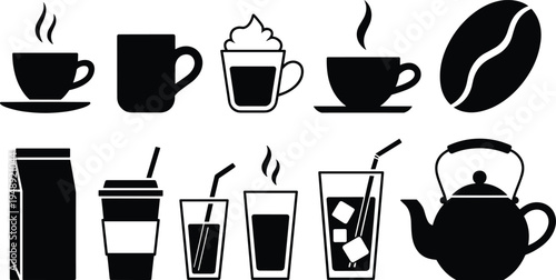 Coffee and tea icon set featuring cups, mugs, beans, milk carton, teapot, and takeaway drinks, perfect for menus, signage, and digital design projects