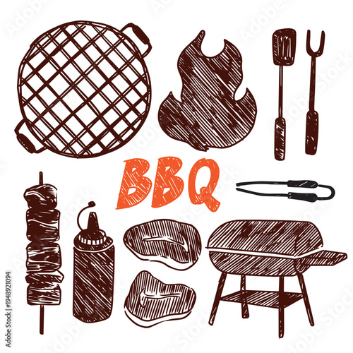 Hand drawn rough sketch barbecue elements line art doodle illustration