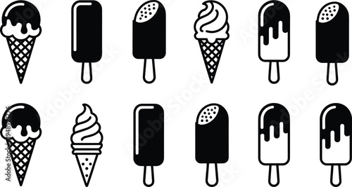 Ice cream icon set featuring cones, popsicles, and soft serve designs, perfect for menus, signage, dessert branding, and digital design projects