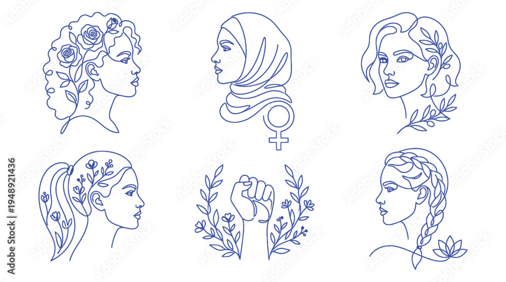 Fototapeta premium International Women's Day Line Art Vector Set , Diverse Female Profiles with Floral Elements