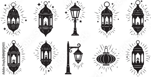 Black and white lanterns with street lamps illustrations set
