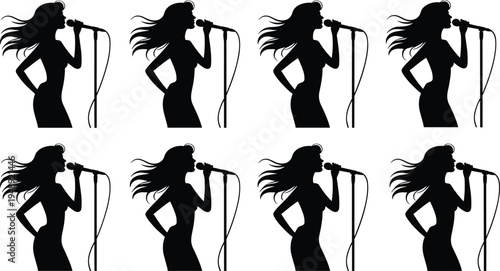 Singer silhouette illustration featuring eight identical figures with long hair performing at microphone stands, perfect for music, performance, concert, and artistic projects