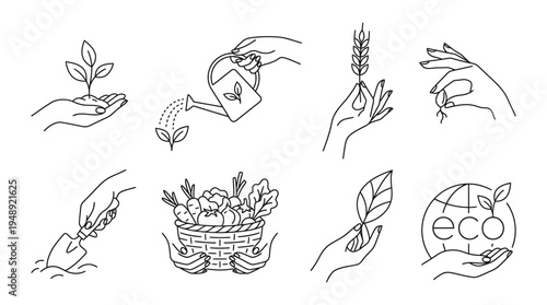 Modern Hands with Agriculture Elements , Stylish Farming Line Vector Set