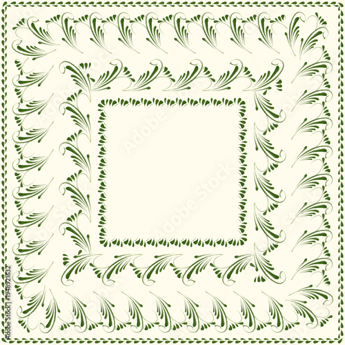 Vector floral seamless border patterns from hand painted green herbs on a beige background. 4 pattern brushes in the brush palette