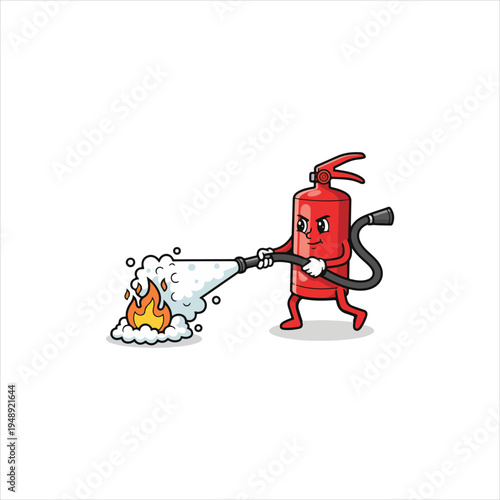 Cartoon fire extinguisher character spraying foam to put out a small fire flame.
