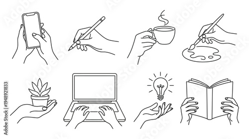Multi Activity Hands Line Icon Set , Minimal Editable Stroke Vector Illustration