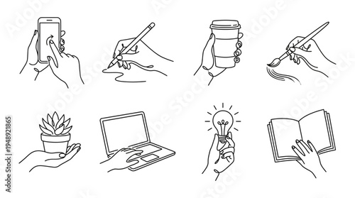 Multi Activity Hands Line Icon Set , Minimal Editable Stroke Vector Illustration