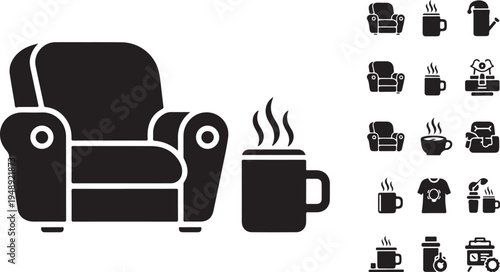 Black and white illustration of armchair with coffee cup