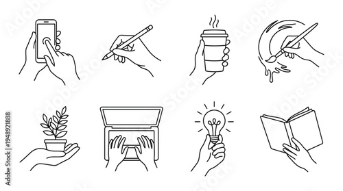 Multi Activity Hands Line Icon Set , Minimal Editable Stroke Vector Illustration
