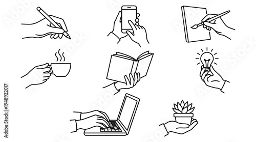 Multi Activity Hands Line Icon Set , Minimal Editable Stroke Vector Illustration