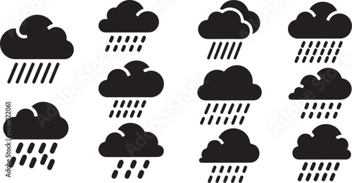 Rainy weather icons with clouds and raindrops illustration set