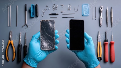 The smartphone repair scene with shattered screen and replacement device held by gloved hands