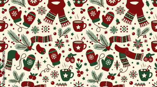 Winter holiday vector pattern with cute mittens scarves and festive accessories on cream background
