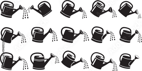 Black and white watering can icons in a pattern