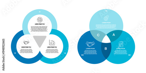 Circle chart infographic template with 3 options  set for presentations. venn diagram triangle 3 parts, options, steps, process. vector editable