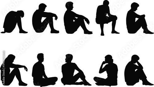 Collection of Silhouettes of People Sitting in Various Poses on White Background Keywords: silhouette, people, sitting, man