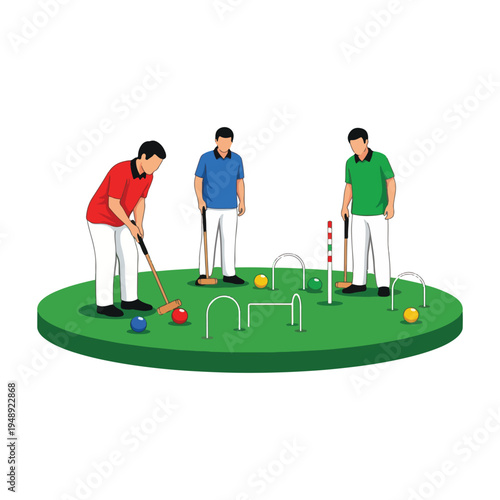 Group of people playing croquet on a green lawn with mallets and colored balls.