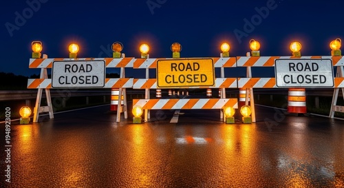 Nighttime road closure with illuminated barriers and caution signs on wet asphalt surface. Road closure includes bright warning lights and traffic barriers signaling detour for vehicles.