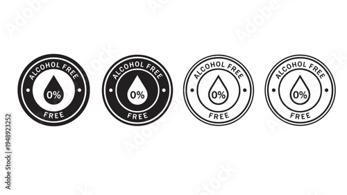 Alcohol free icons with a drop symbol and 0% text, representing a product without alcohol content. featuring 0%, icon, label with stamp and